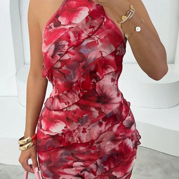 Red Halter Backless Women's Suspenders Ruffle Mini Dress - Picture 4 of 7